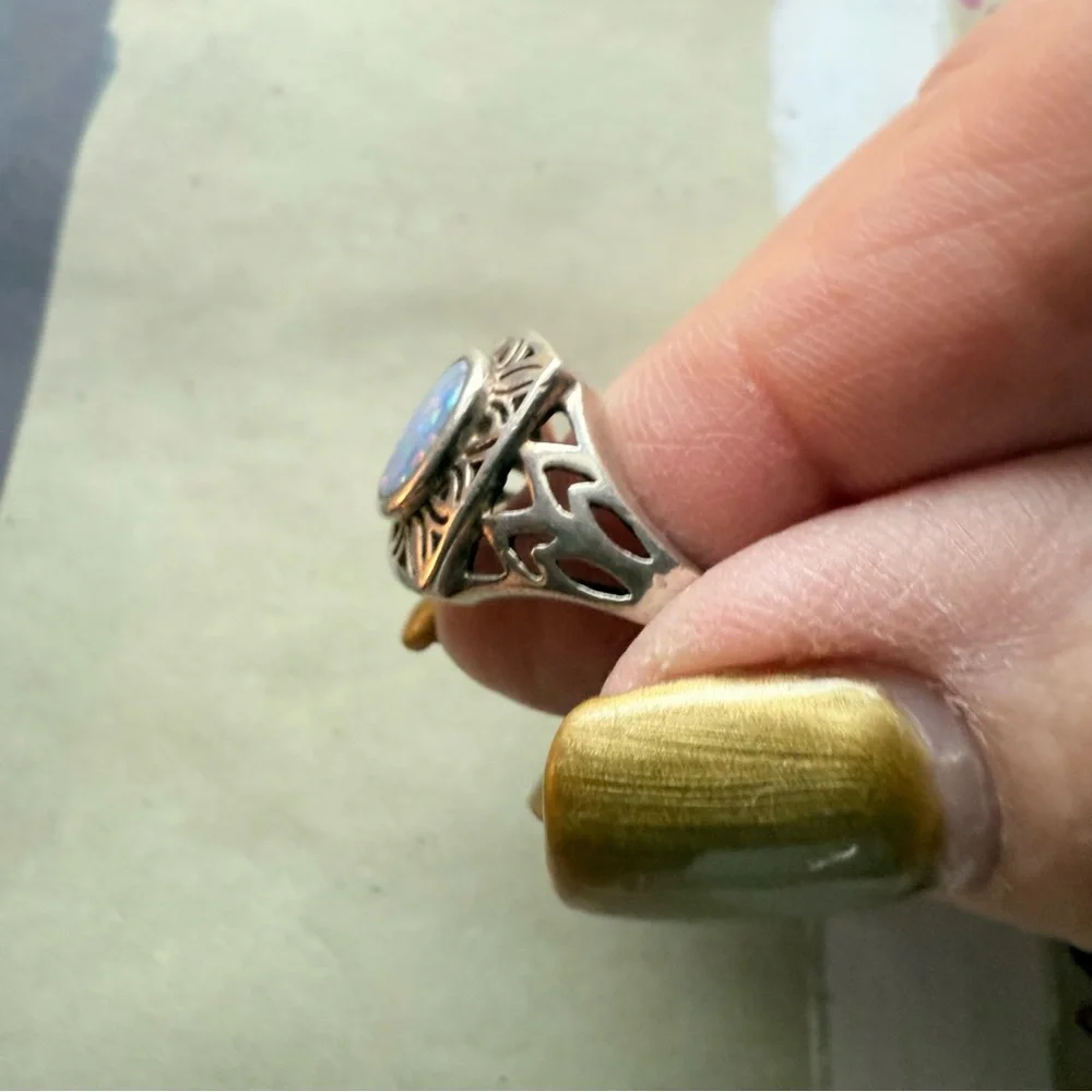 🌟 Sterling Silver Filigree Opal Ring – Size 5 🌟 - Picture 13 of 17